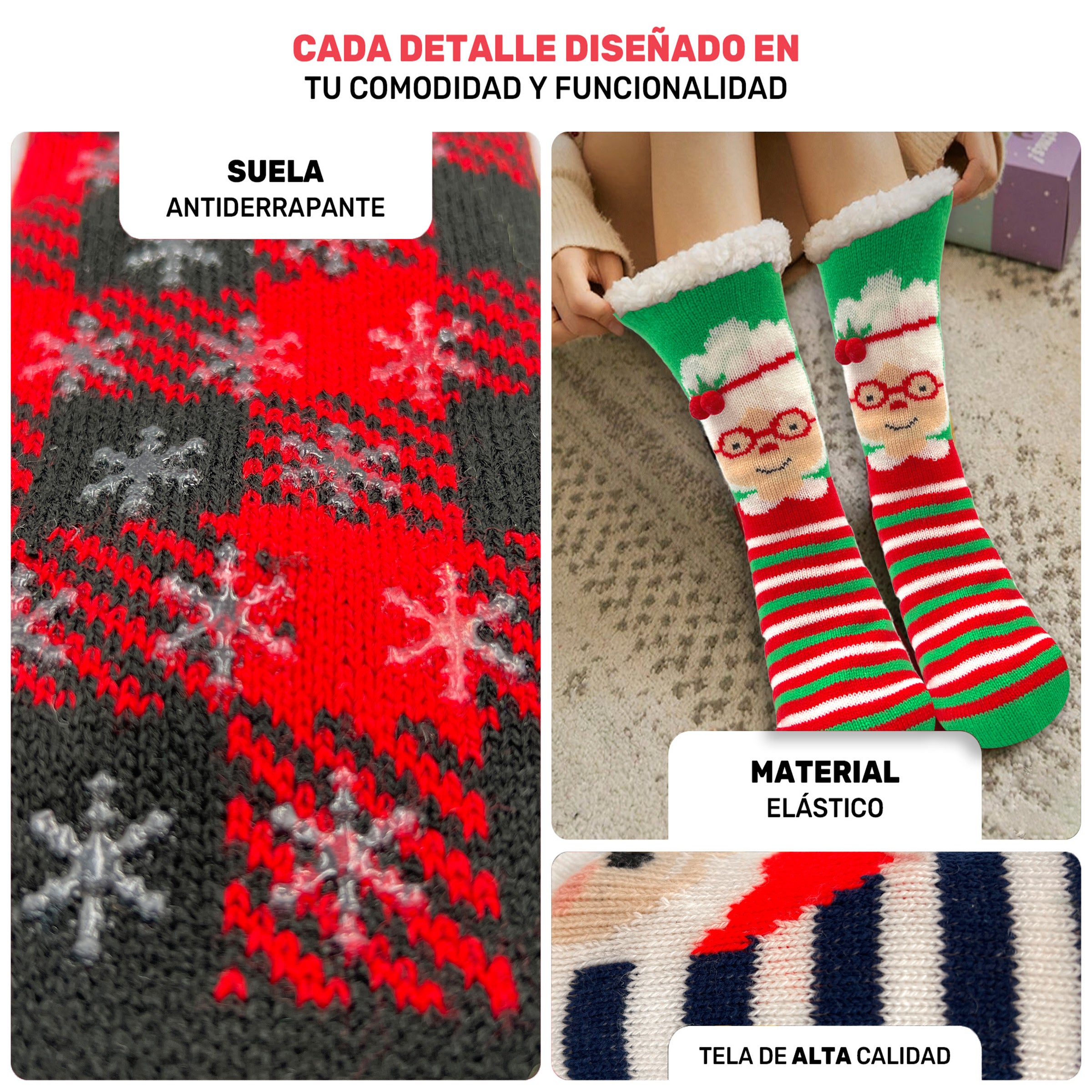 Pack Navideño De 3 Calcetines Largos - Felpa Interior, Diseños Clásicos & Alta Elasticidad