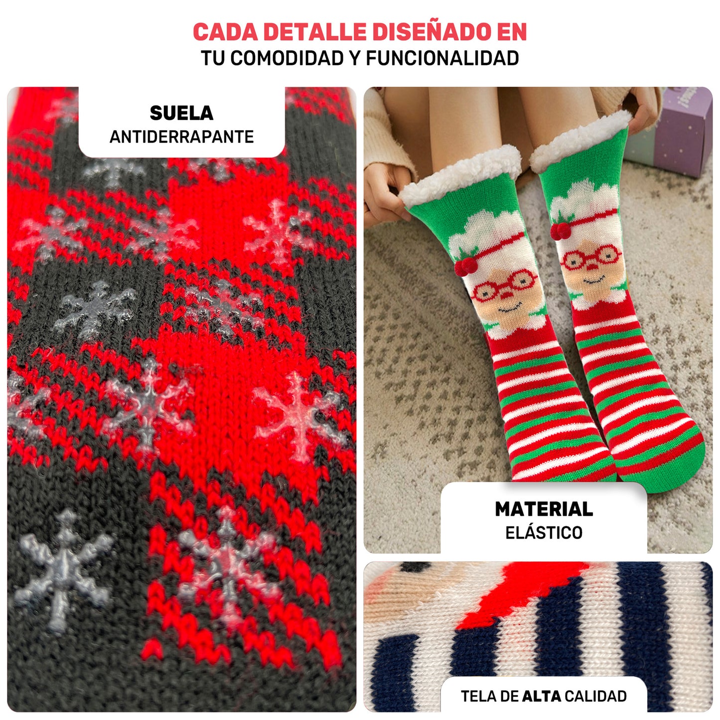Pack Navideño De 3 Calcetines Largos - Felpa Interior, Diseños Clásicos & Alta Elasticidad