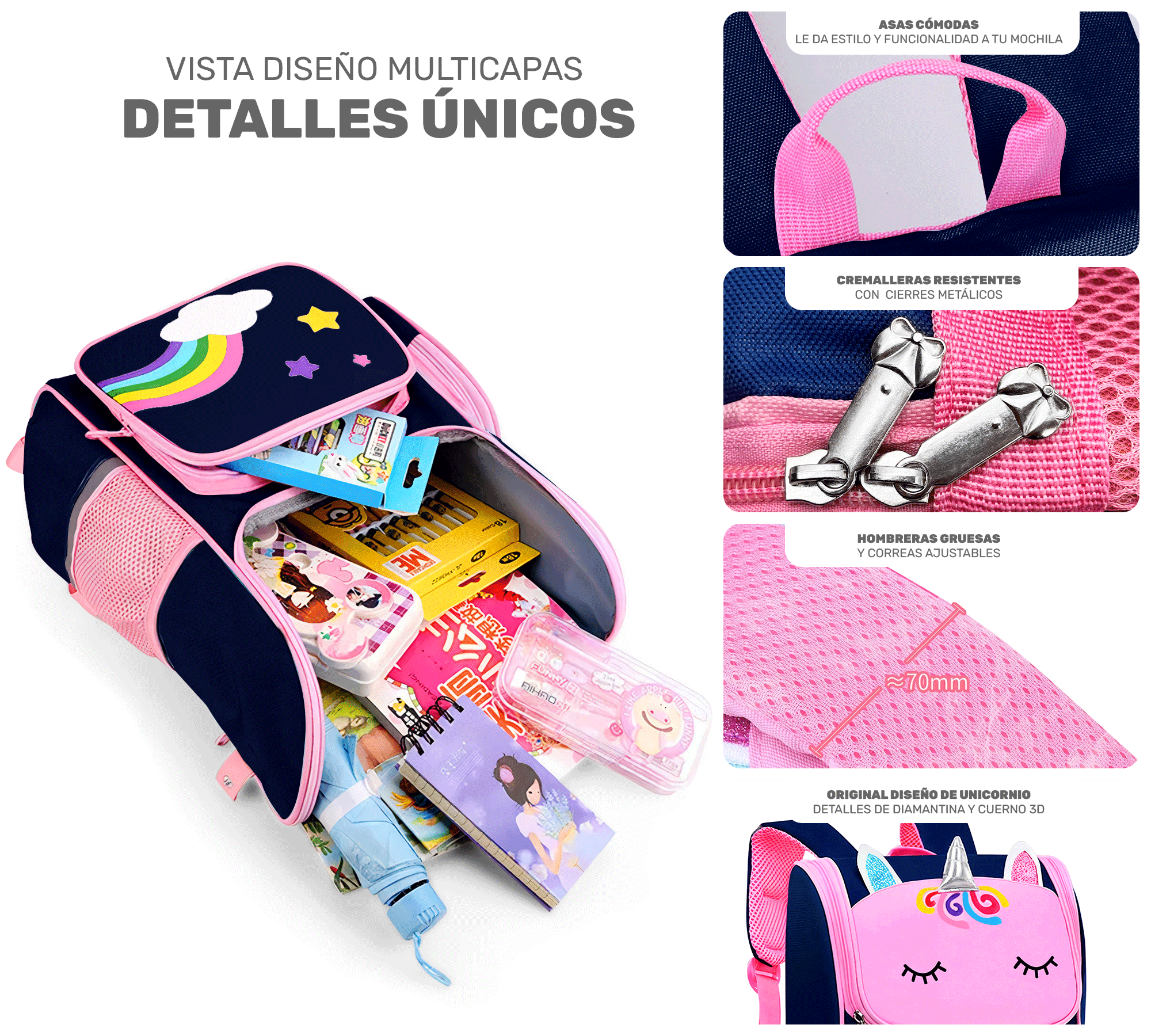 Mochila Escolar Unicornio Para Niñas Niños Con Bolsillos Laterales