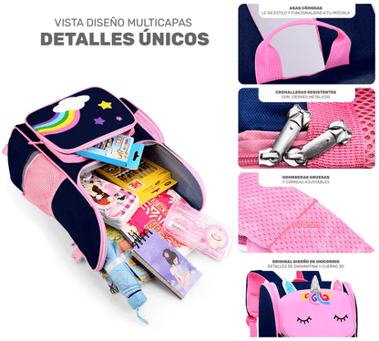 Mochila Escolar Unicornio Para Niñas Niños Con Bolsillos Laterales
