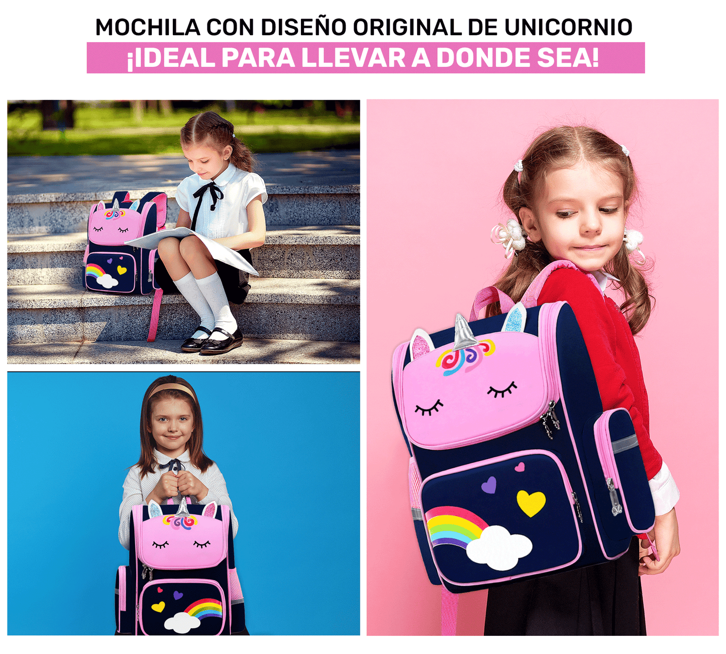 Mochila Escolar Unicornio Para Niñas Niños Con Bolsillos Laterales