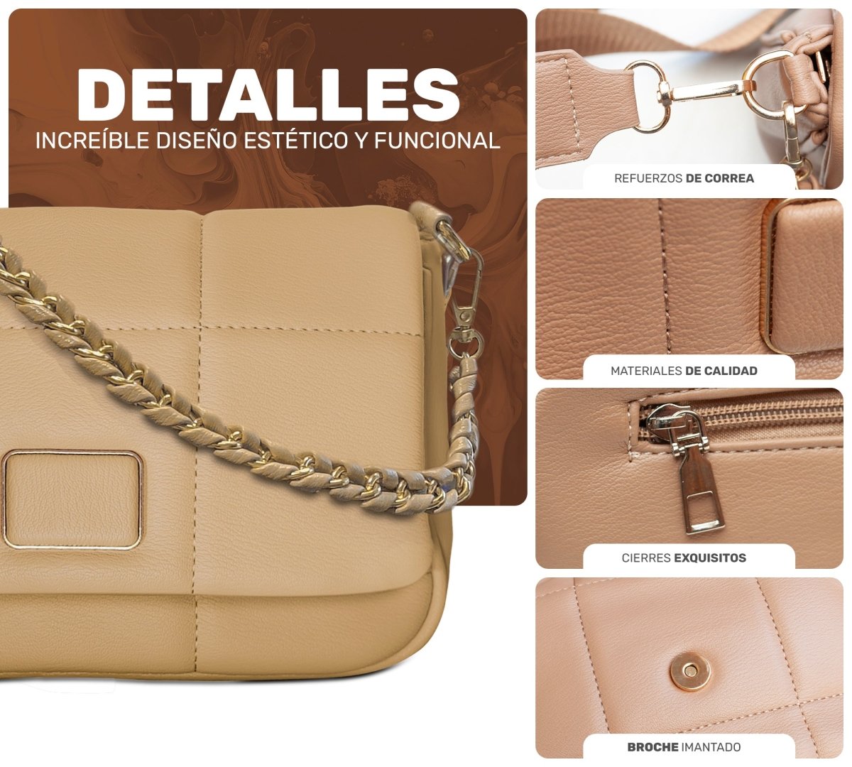 Bolso de Hombro Con Cadena Elegante & Diseño Acolchado De Lujo - ONDASHOPMX