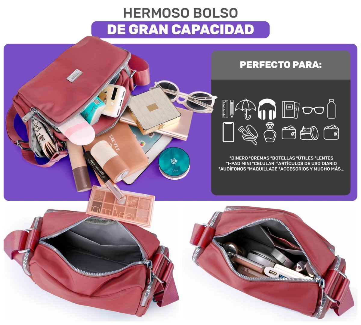 Bolso Impermeable Para Mujer & Uso Diario Con Compartimentos Múltiples - ONDASHOPMX