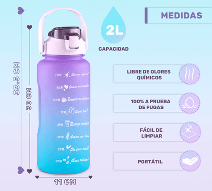 Botella De Agua Motivacional 2L Con Popote Y Marcador Tiempo - ONDASHOPMX