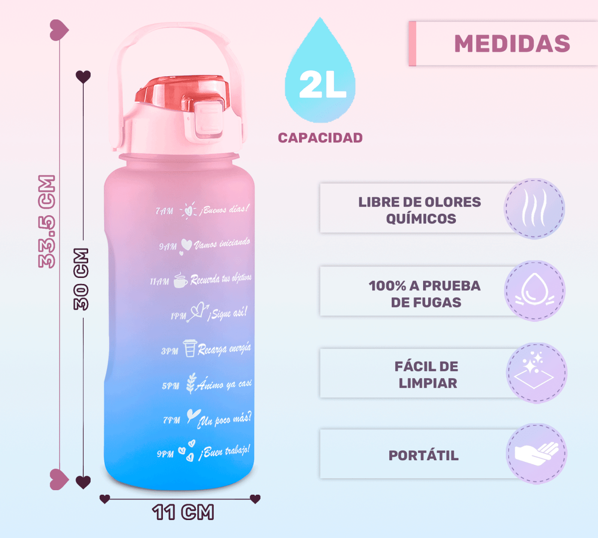 Botella De Agua Motivacional 2L Con Popote Y Marcador Tiempo - ONDASHOPMX