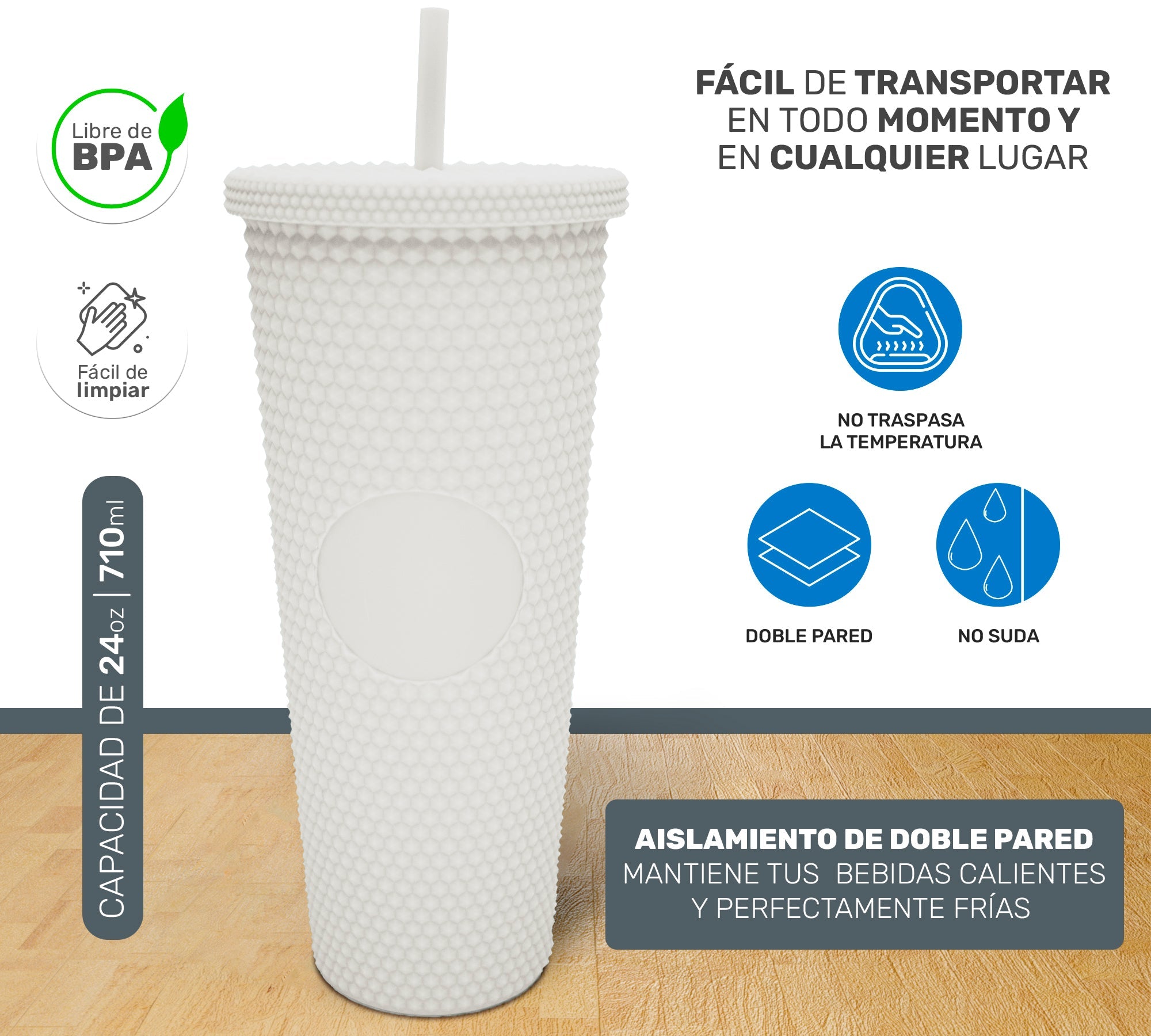 Botella De Doble Pared Termo Con Popote Para Agua o Café 700ml - ONDASHOPMX