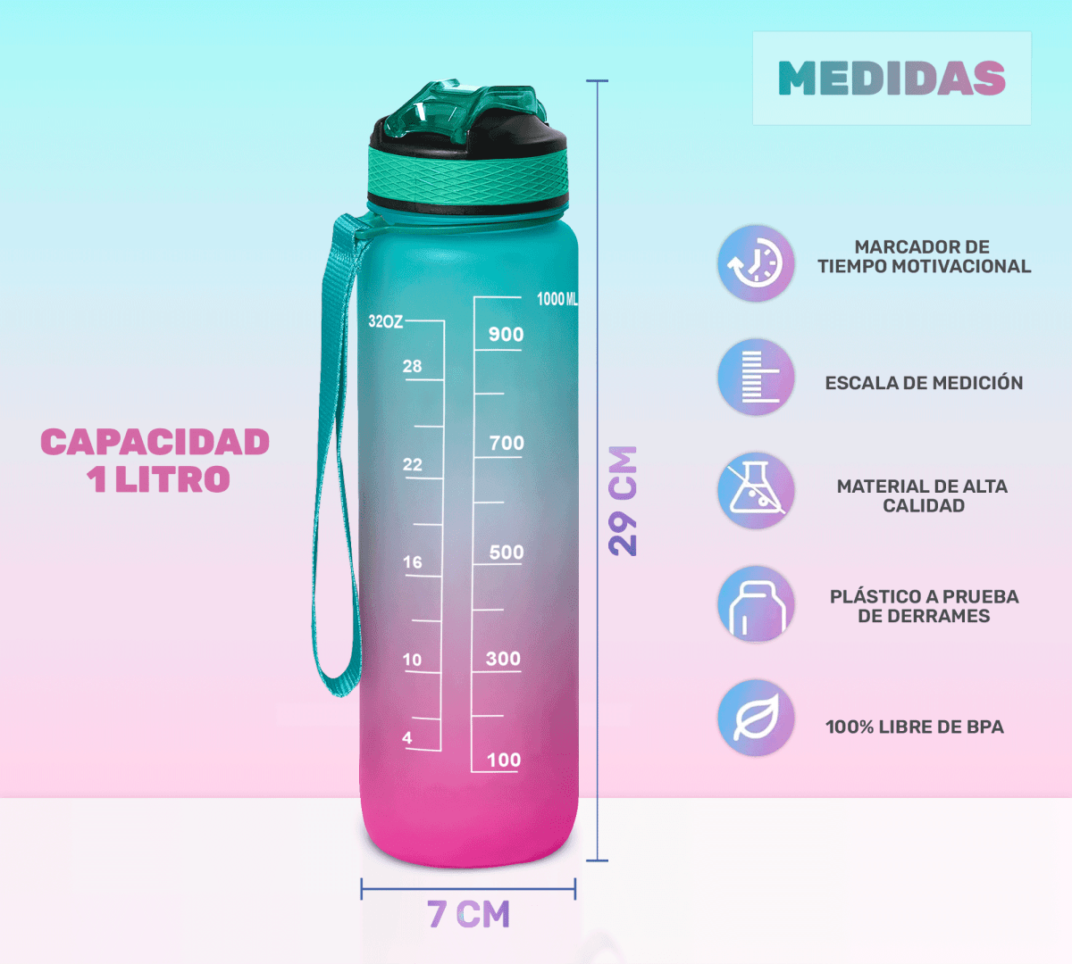 Botella Termo De Agua Deportiva Motivadora 32oz Prueba Fugas - ONDASHOPMX