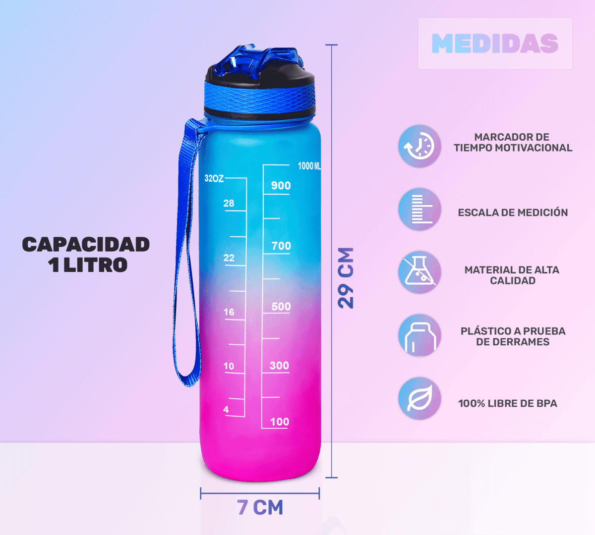Botella Termo De Agua Deportiva Motivadora 32oz Prueba Fugas - ONDASHOPMX