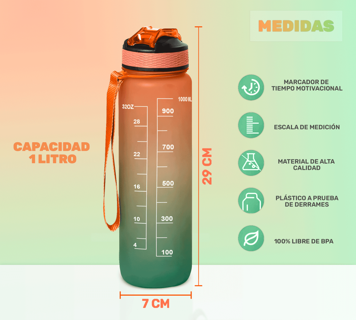 Botella Termo De Agua Deportiva Motivadora 32oz Prueba Fugas - ONDASHOPMX