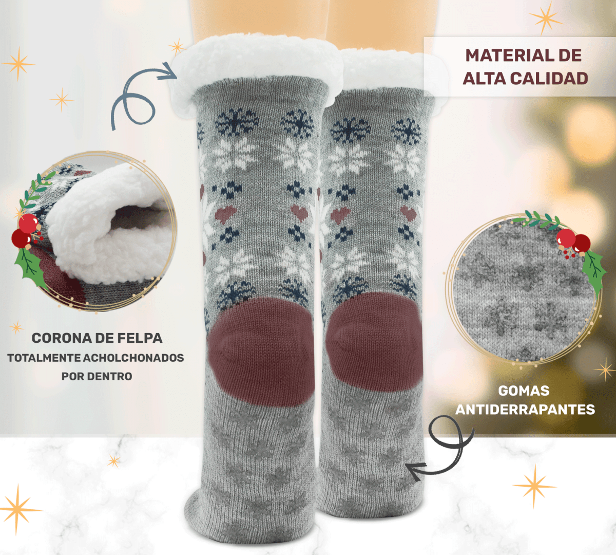 Calcetines Térmicos con Copos de Nieve | Felpa Interior & Suela Antiderrapante - ONDASHOPMX