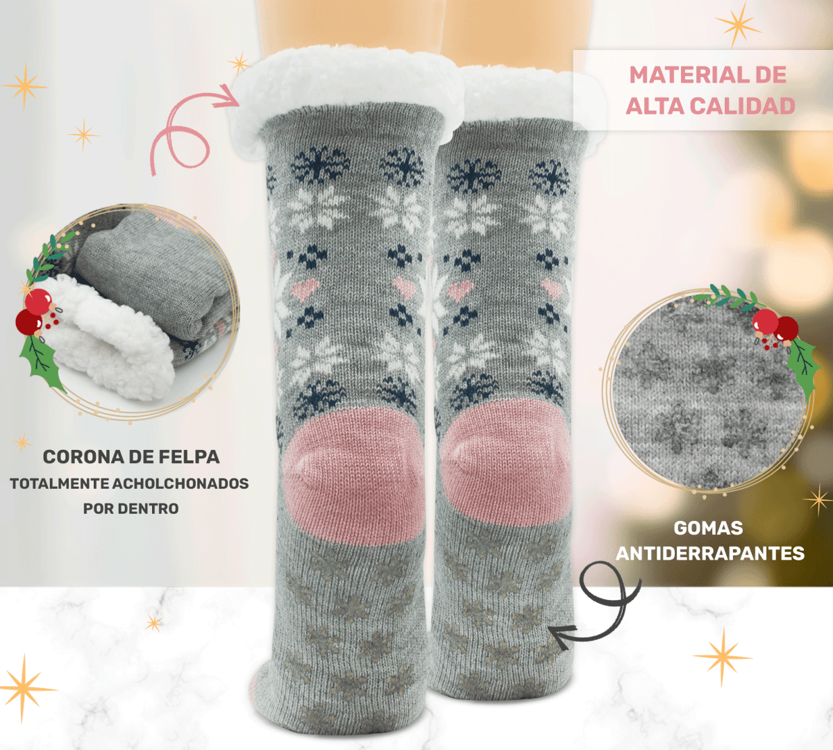 Calcetines Térmicos con Copos de Nieve | Felpa Interior & Suela Antiderrapante - ONDASHOPMX