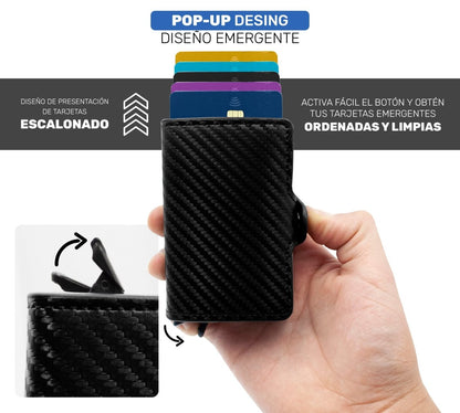 Cartera Inteligente Compacta RFID | Diseño Pop - Up & Fibra De Carbono - ONDASHOPMX