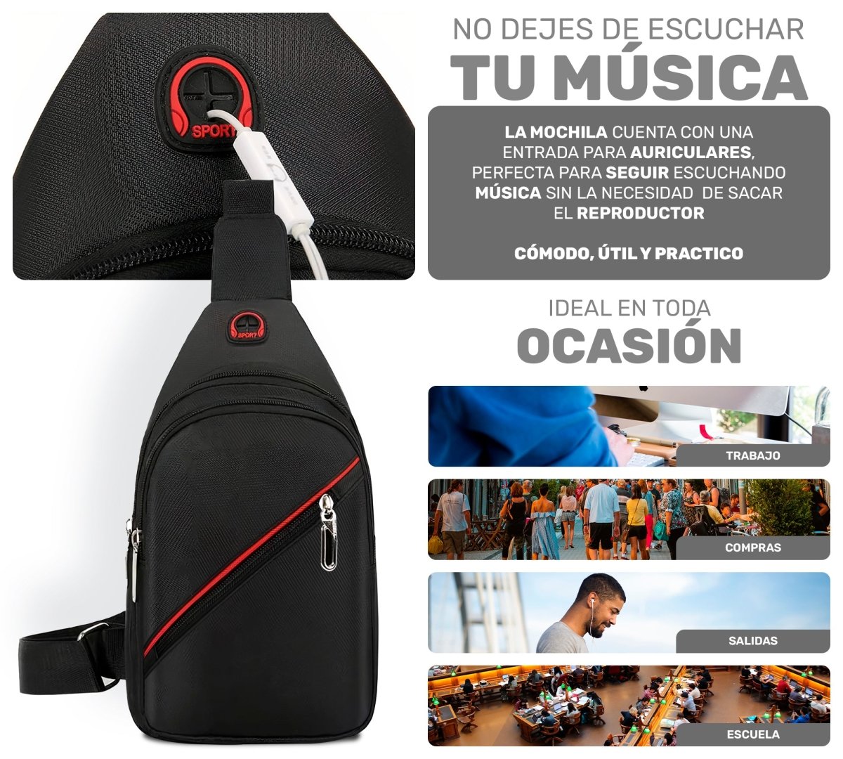 Crossbody con Salida para Audifonos de Cable - ONDASHOPMX