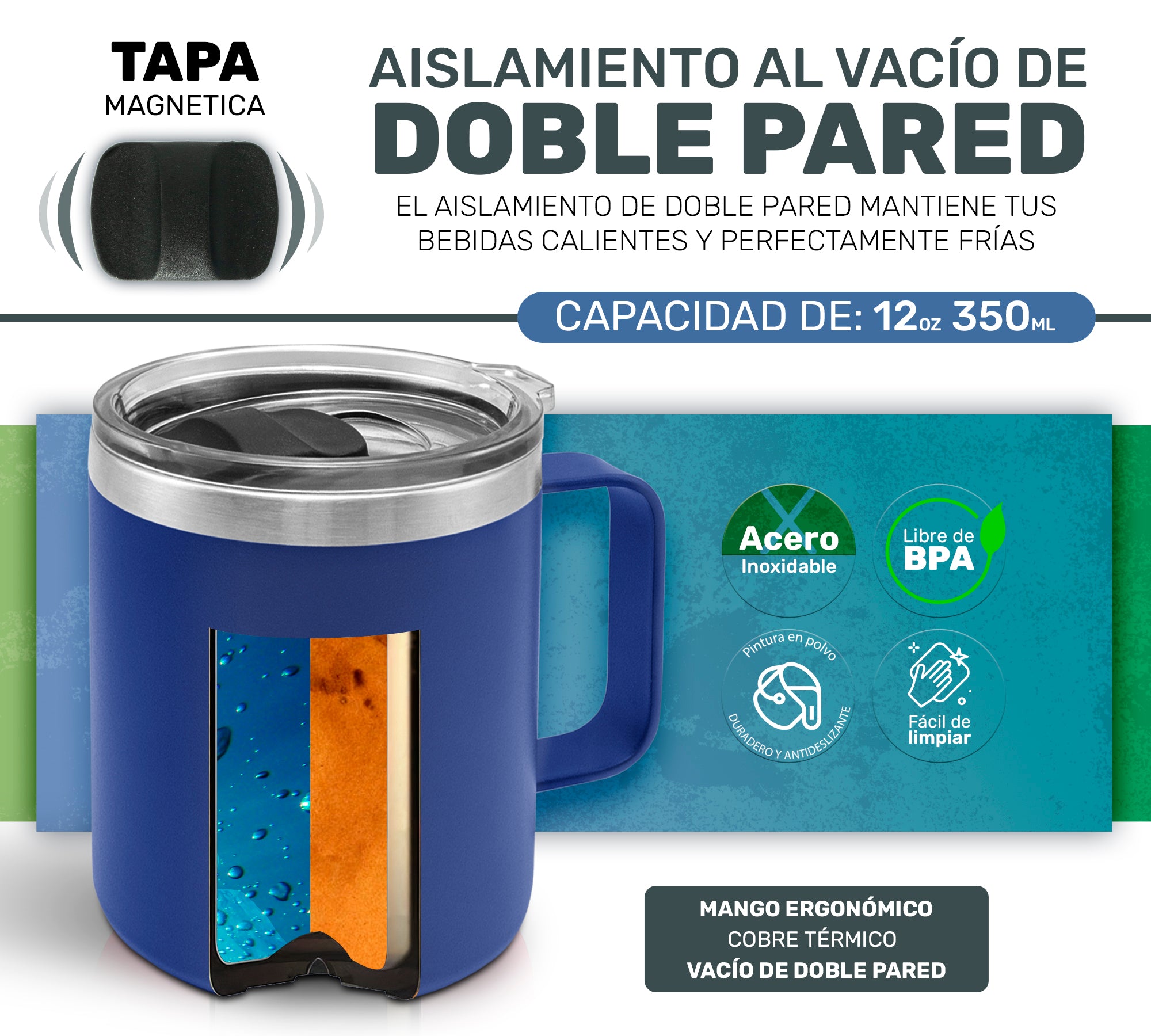 Taza Termica Para Café Doble Capa, Vaso Con Tapa Antiderrame Ideal Para Diferentes Liquidos 12oz