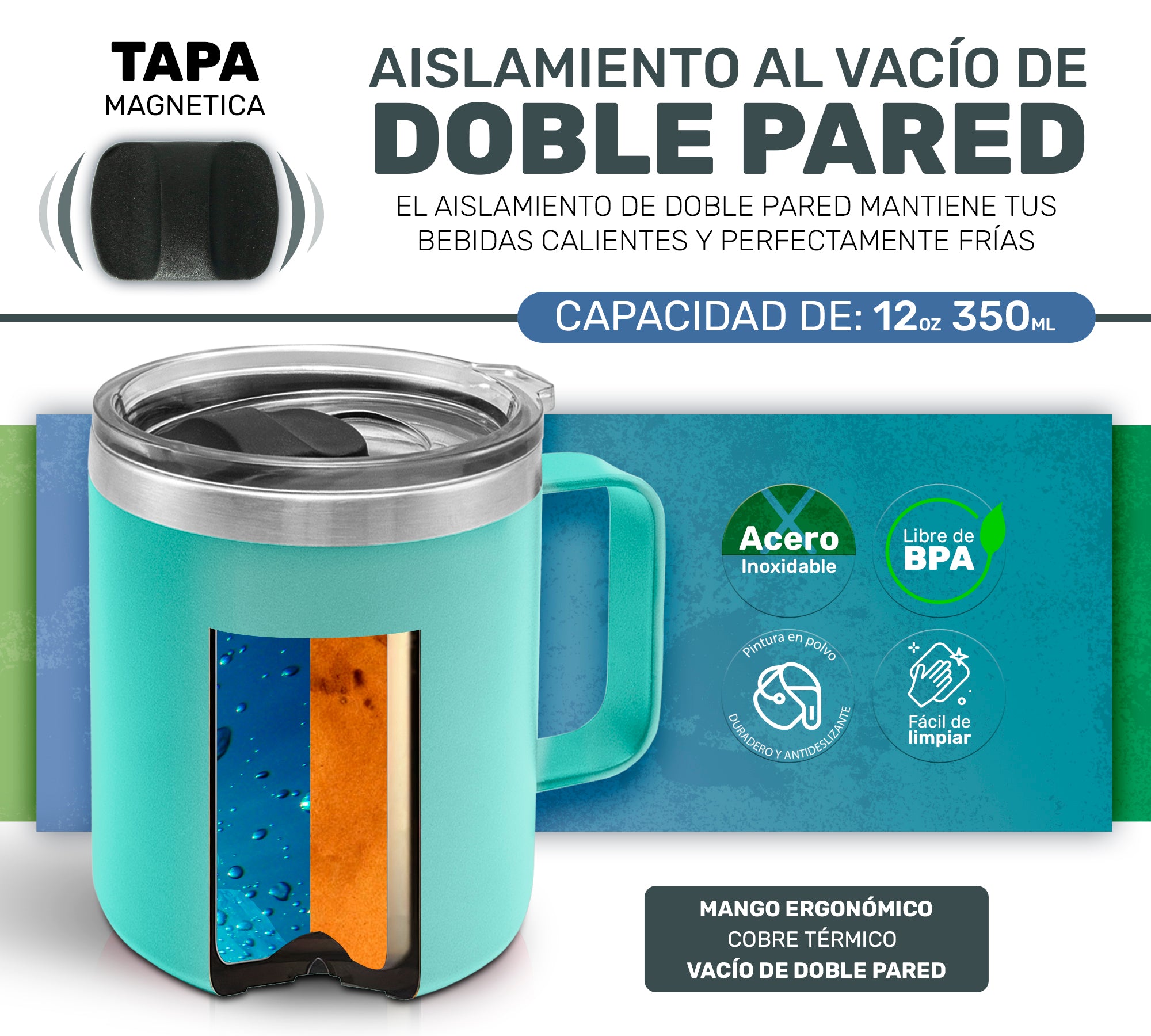 Taza Termica Para Café Doble Capa, Vaso Con Tapa Antiderrame Ideal Para Diferentes Liquidos 12oz