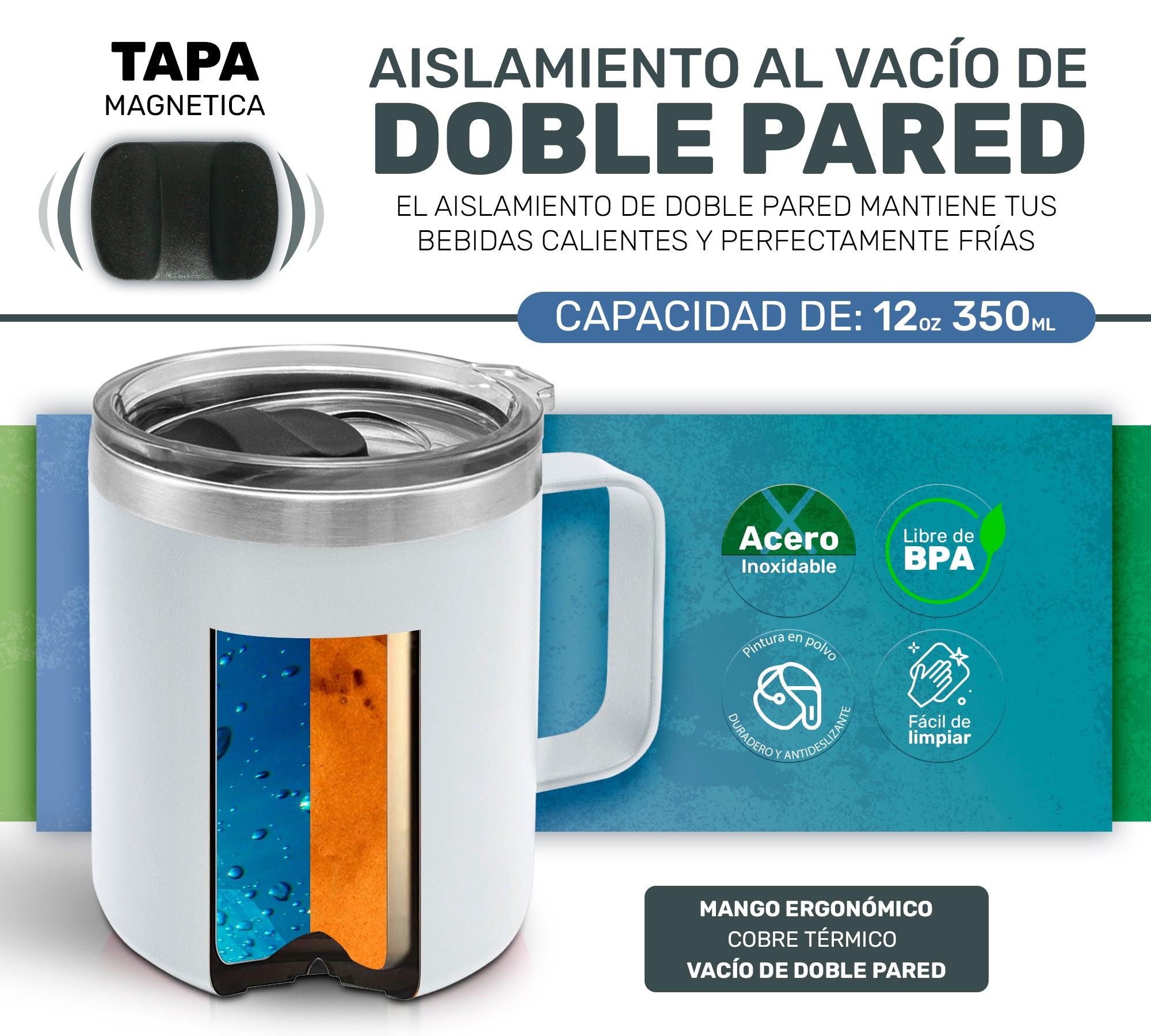 Taza Termica Para Café Doble Capa, Vaso Con Tapa Antiderrame Ideal Para Diferentes Liquidos 12oz