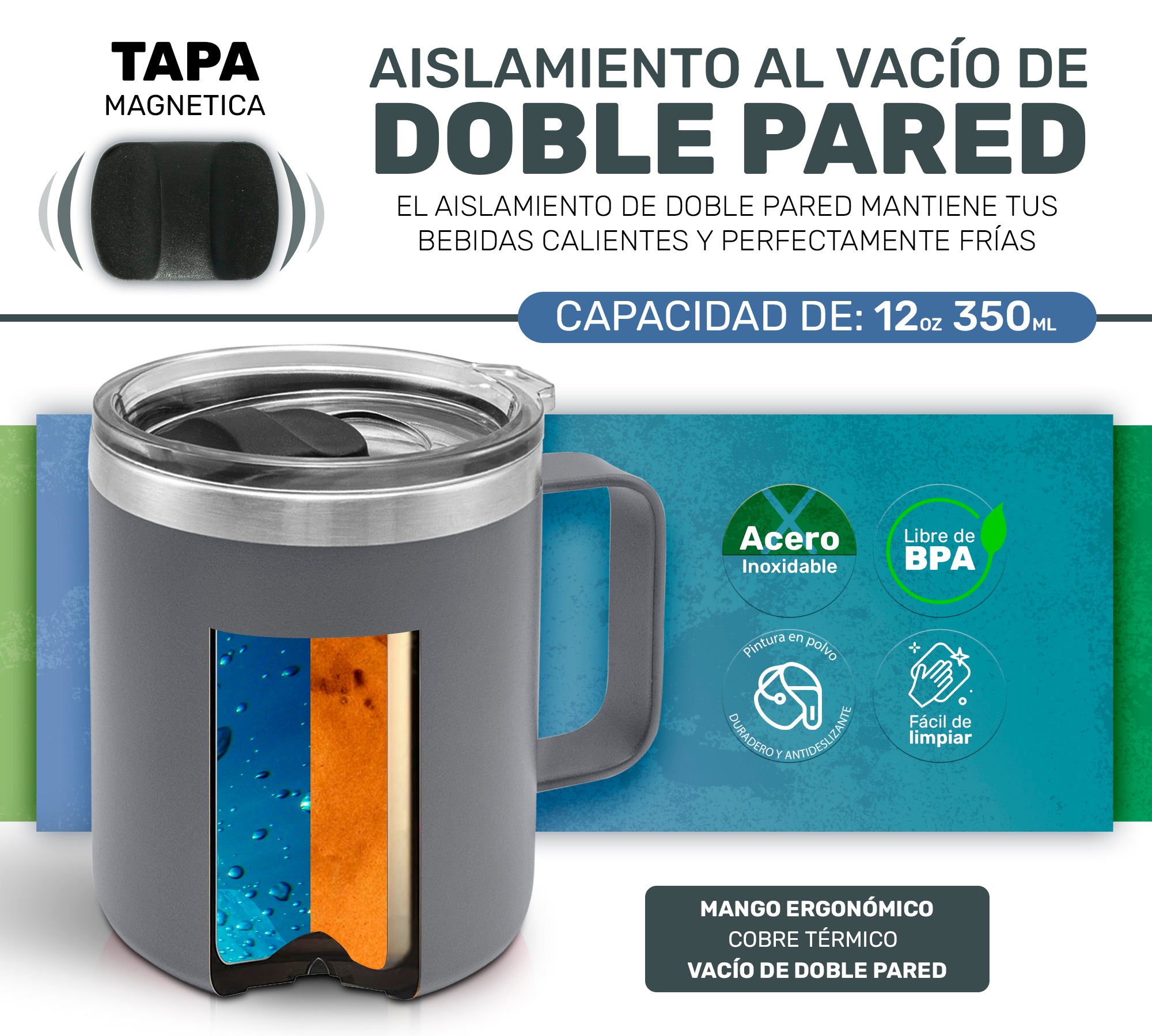 Taza Termica Para Café Doble Capa, Vaso Con Tapa Antiderrame Ideal Para Diferentes Liquidos 12oz