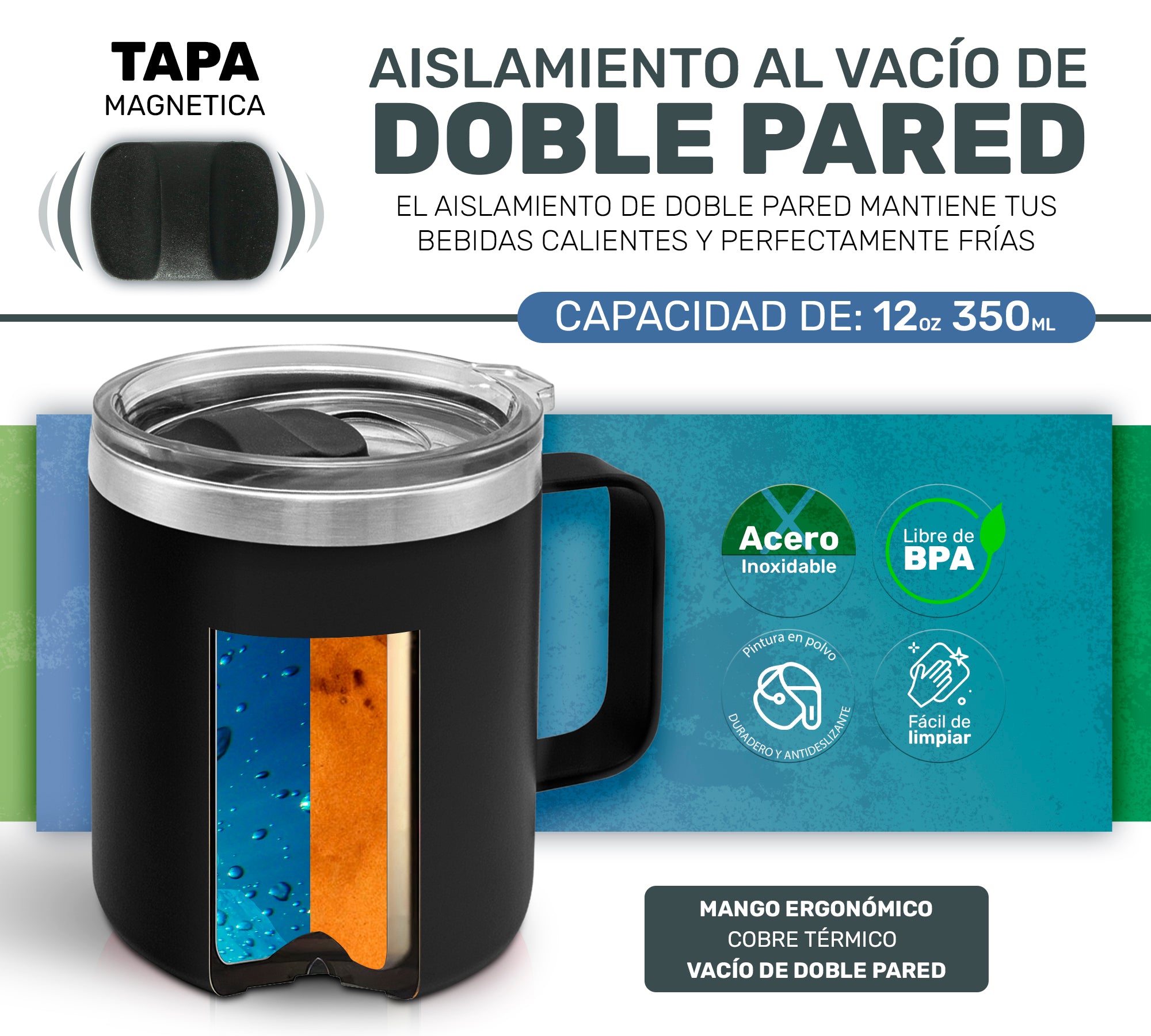 Taza Termica Para Café Doble Capa, Vaso Con Tapa Antiderrame Ideal Para Diferentes Liquidos 12oz