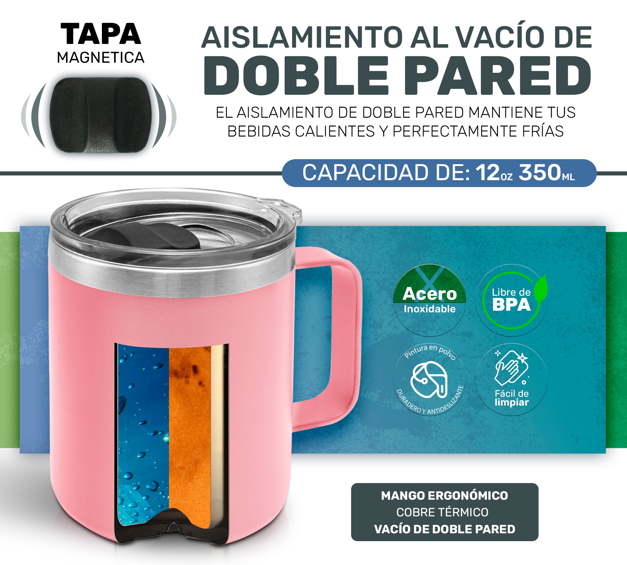 Taza Termica Para Café Doble Capa, Vaso Con Tapa Antiderrame Ideal Para Diferentes Liquidos 12oz