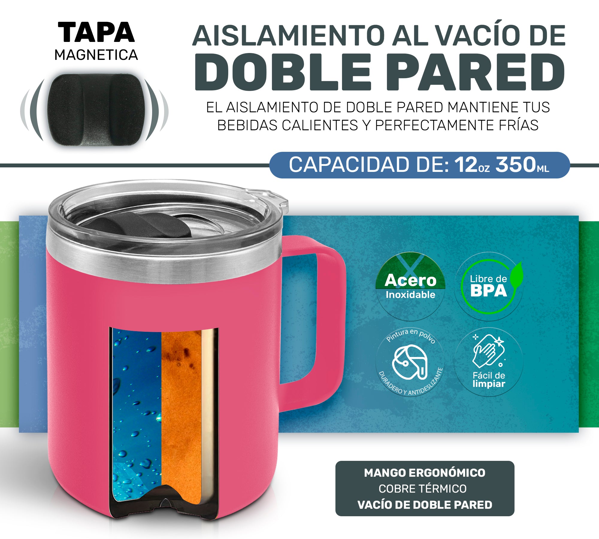 Taza Termica Para Café Doble Capa, Vaso Con Tapa Antiderrame Ideal Para Diferentes Liquidos 12oz