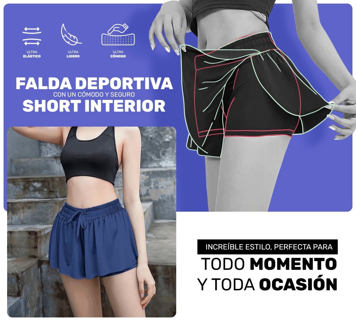Falda Licra Deportiva Para Dama Tenis Fitness - ONDASHOPMX