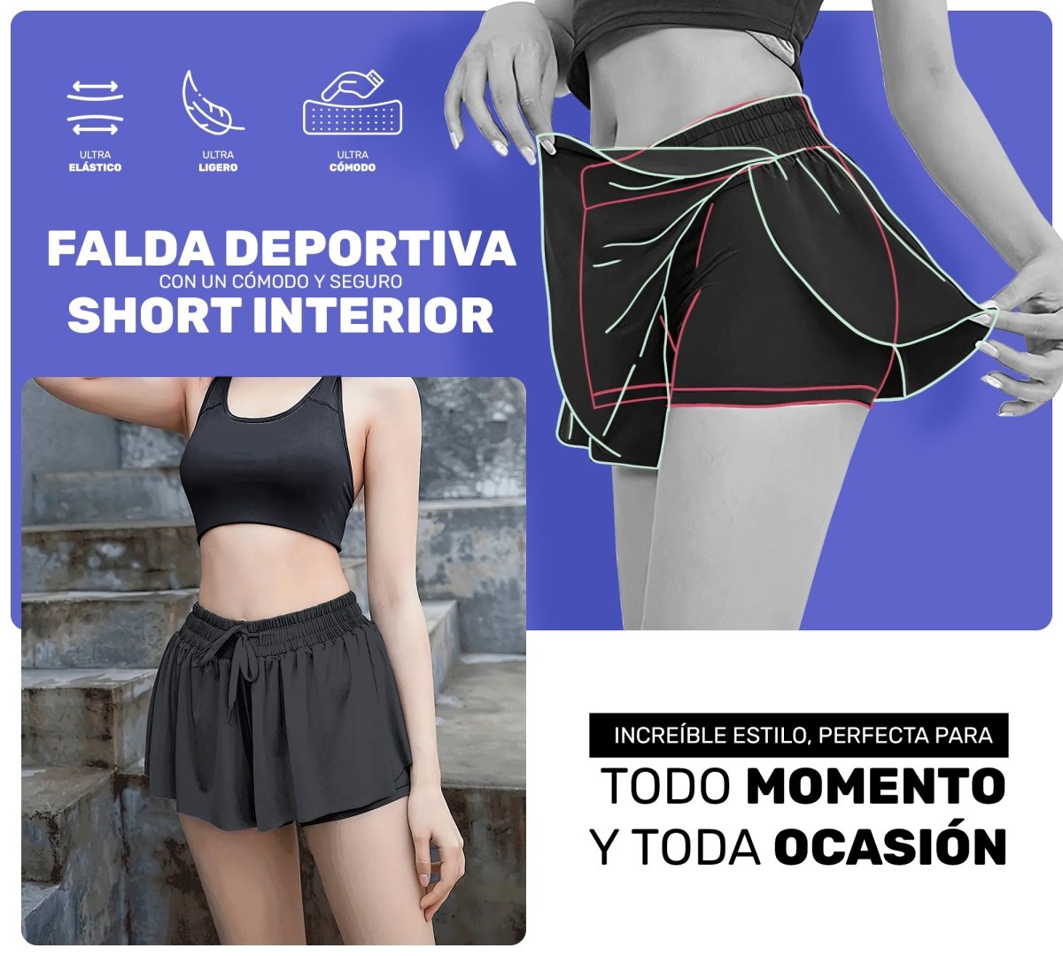 Falda Licra Deportiva Para Dama Tenis Fitness - ONDASHOPMX