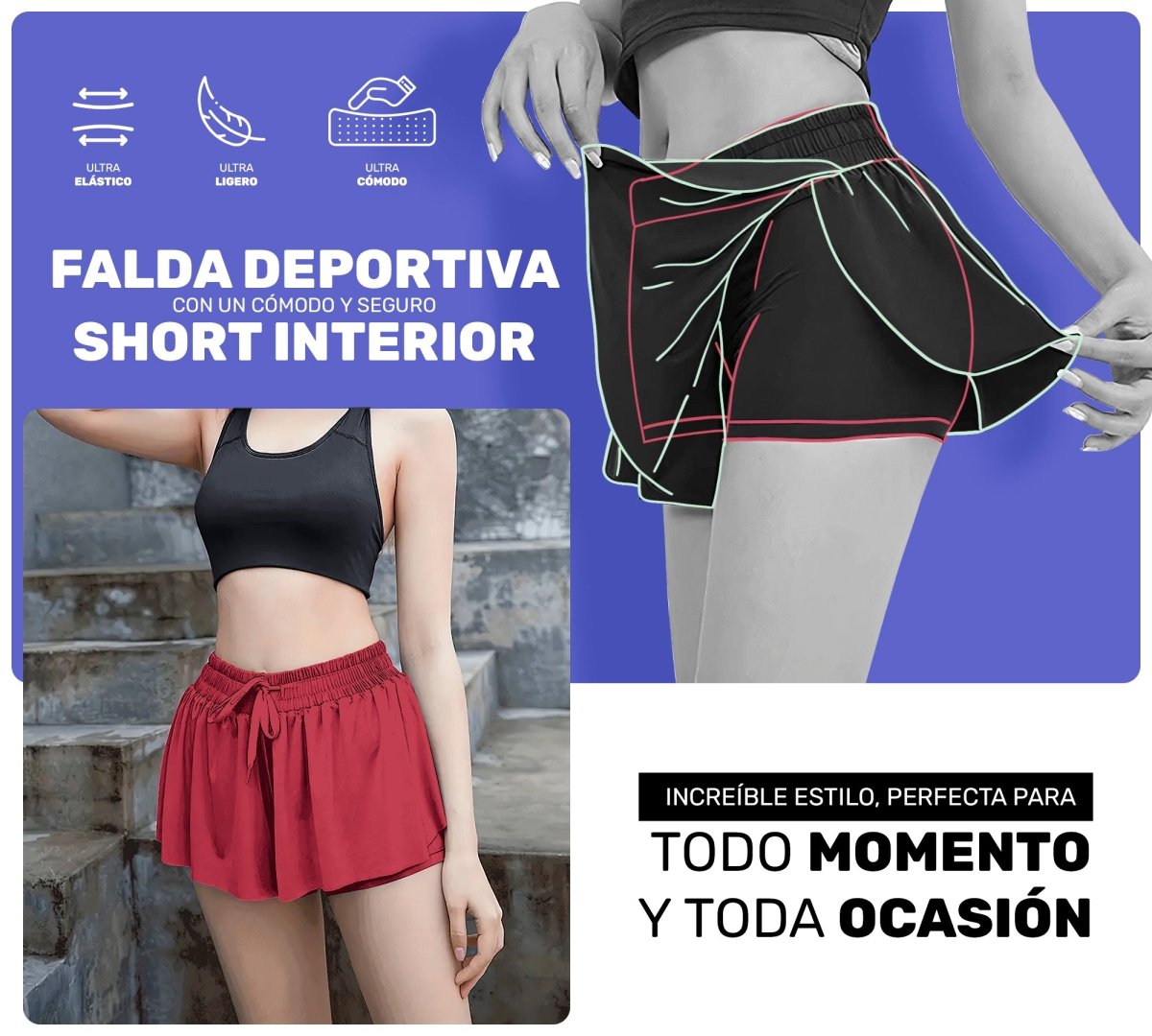 Falda Licra Deportiva Para Dama Tenis Fitness - ONDASHOPMX