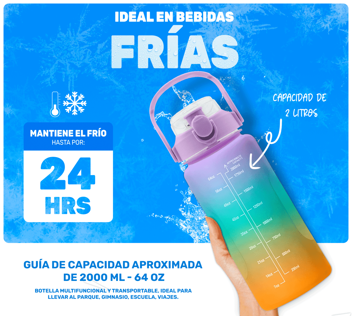 HidraDaily 2L – Termo Multicolor con Guía de Consumo y Frases Inspiradoras - ONDASHOPMX