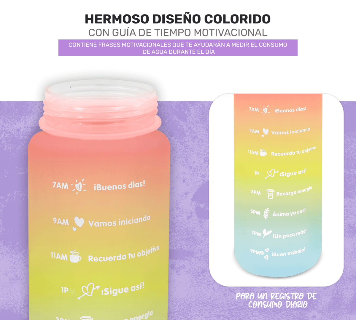 HidraDaily 2L – Termo Multicolor con Guía de Consumo y Frases Inspiradoras - ONDASHOPMX