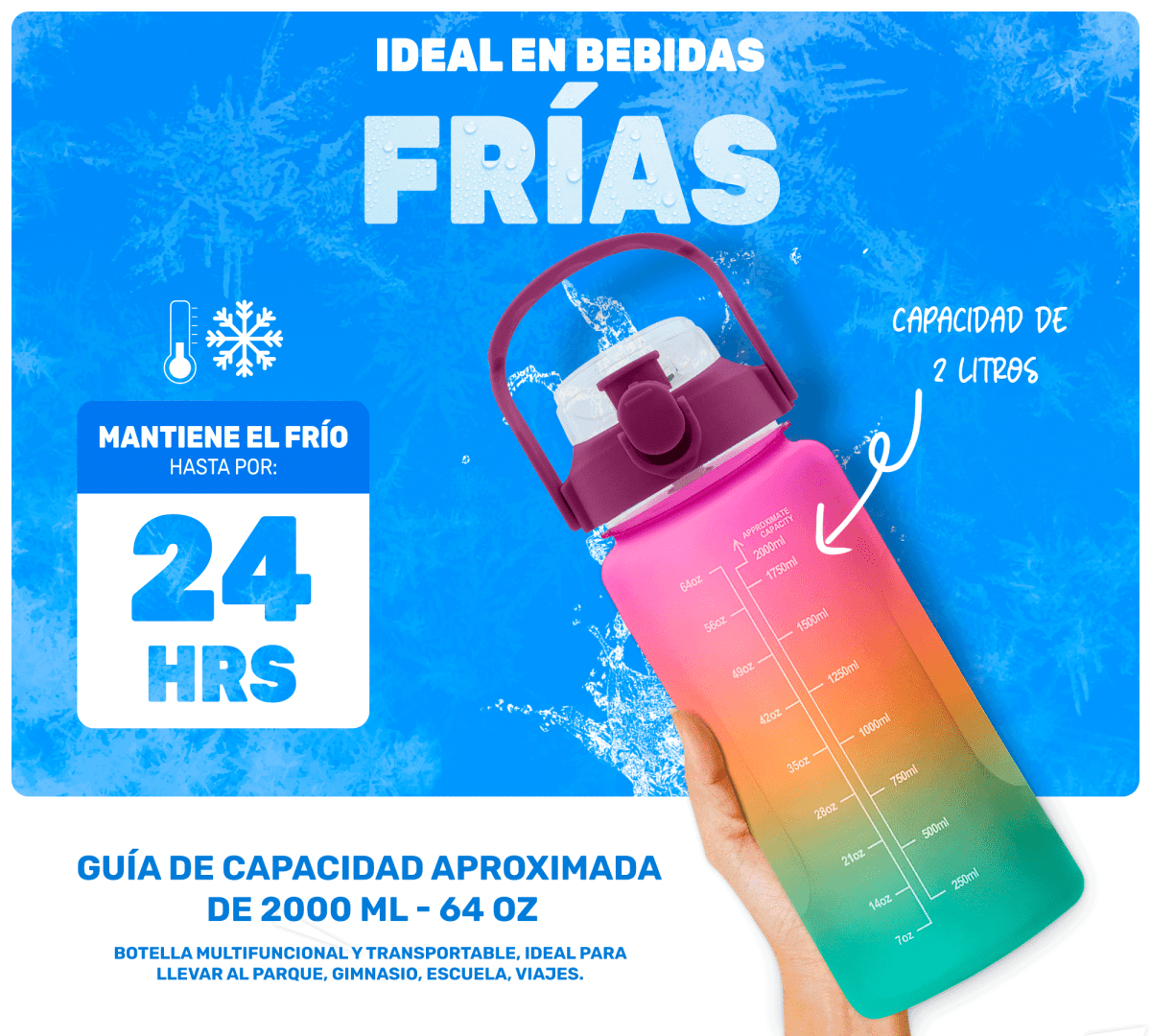 HidraDaily 2L – Termo Multicolor con Guía de Consumo y Frases Inspiradoras - ONDASHOPMX