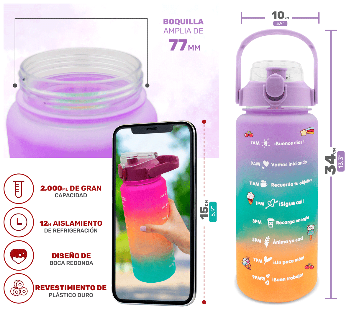 HidraDaily 2L – Termo Multicolor con Guía de Consumo y Frases Inspiradoras - ONDASHOPMX