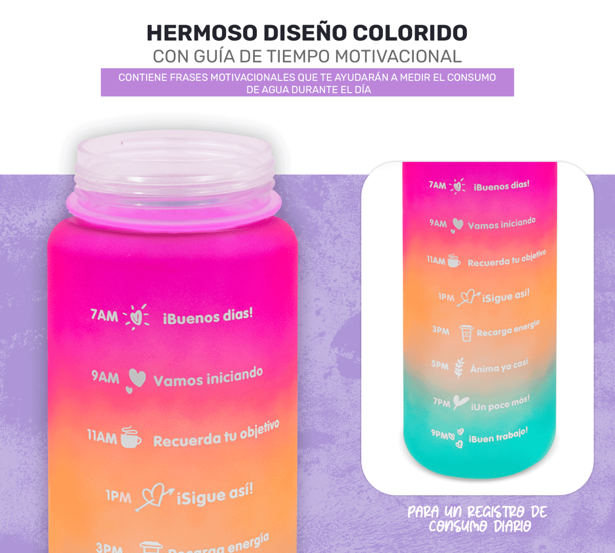 HidraDaily 2L – Termo Multicolor con Guía de Consumo y Frases Inspiradoras - ONDASHOPMX