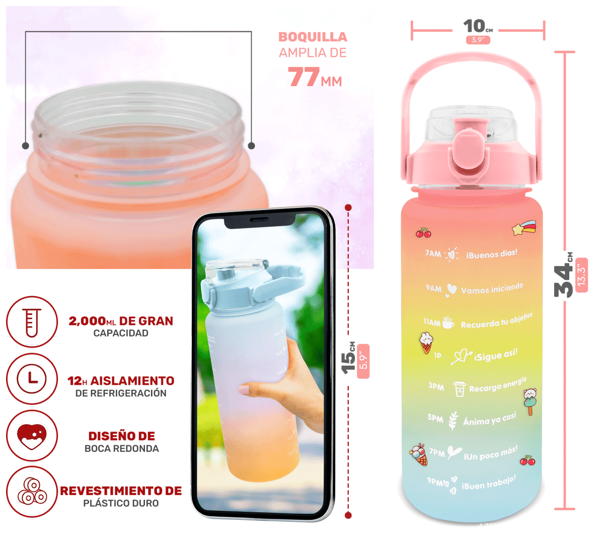 HidraDaily 2L – Termo Multicolor con Guía de Consumo y Frases Inspiradoras - ONDASHOPMX