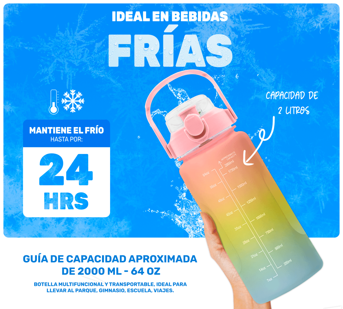 HidraDaily 2L – Termo Multicolor con Guía de Consumo y Frases Inspiradoras - ONDASHOPMX