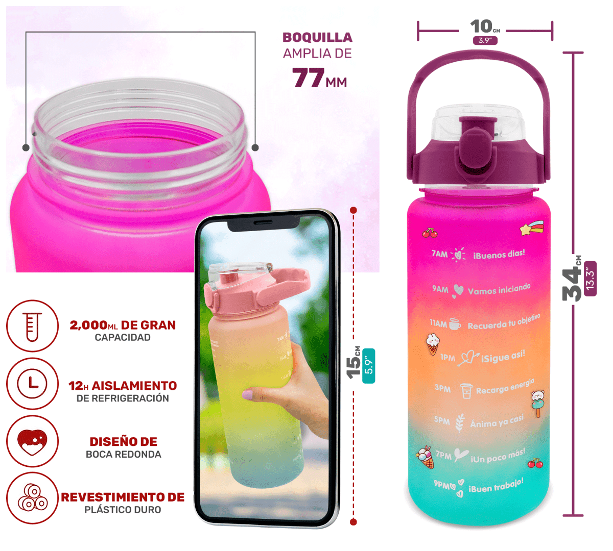 HidraDaily 2L – Termo Multicolor con Guía de Consumo y Frases Inspiradoras - ONDASHOPMX
