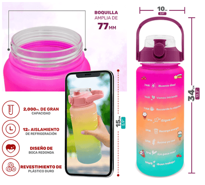 HidraDaily 2L – Termo Multicolor con Guía de Consumo y Frases Inspiradoras - ONDASHOPMX