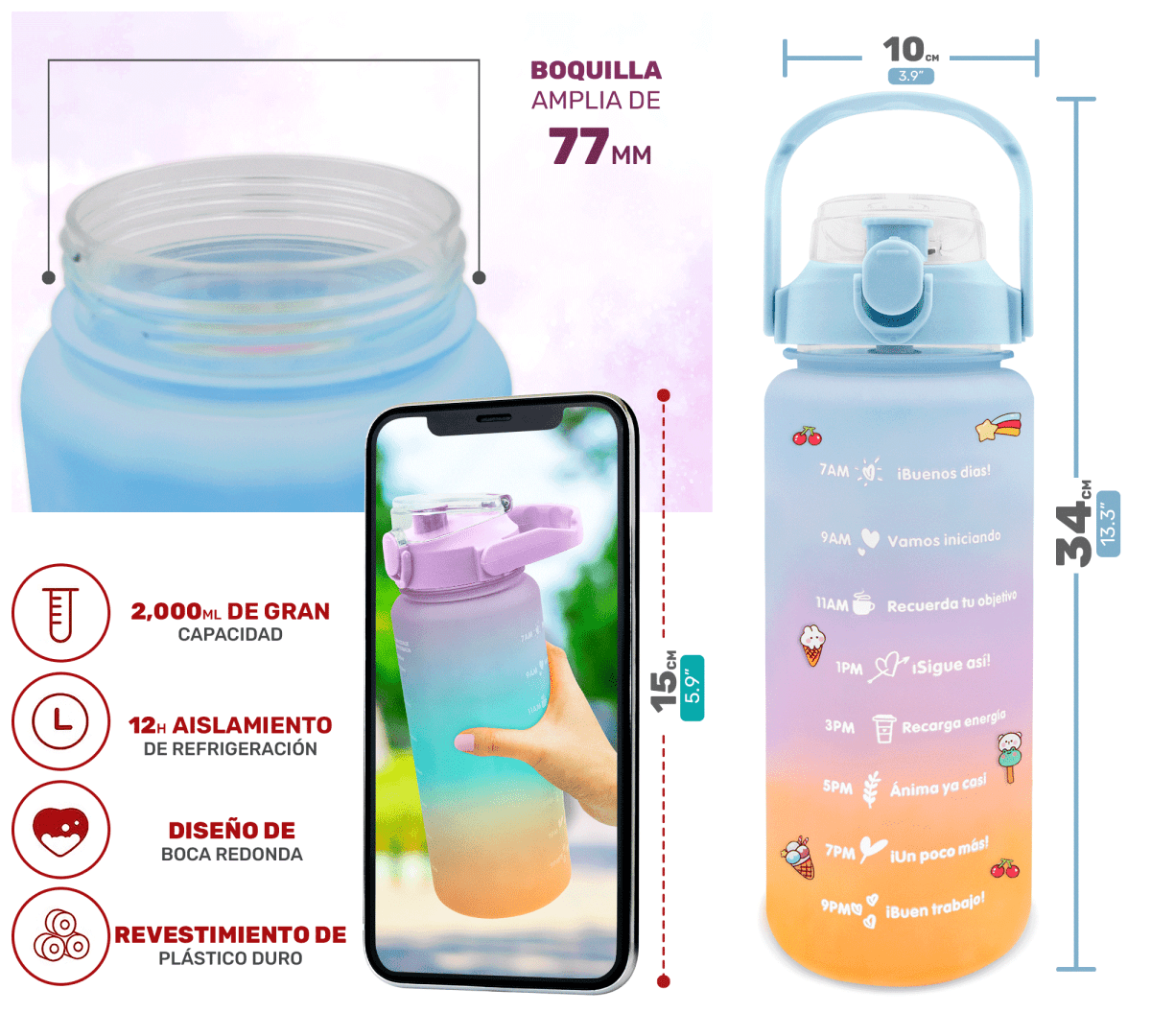 HidraDaily 2L – Termo Multicolor con Guía de Consumo y Frases Inspiradoras - ONDASHOPMX