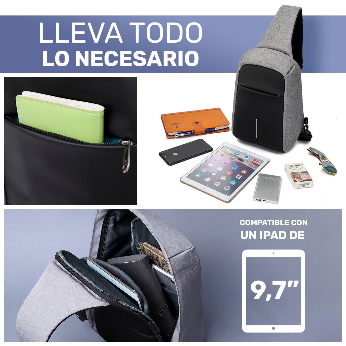 Mochila Cruzada Antirrobo Con Puerto USB - ONDASHOPMX