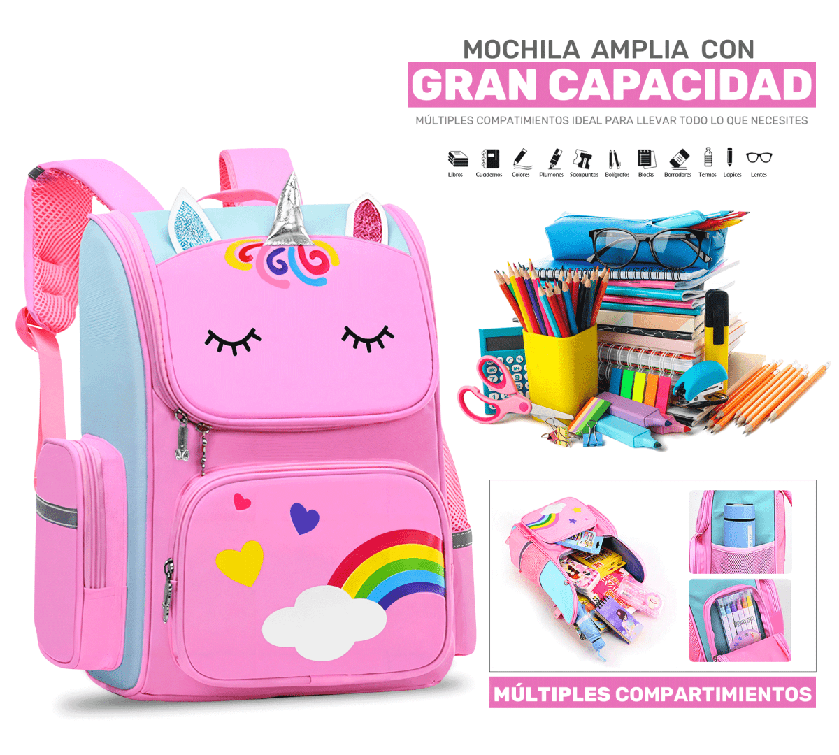 Mochila Escolar Unicornio Para Niñas Niños Con Bolsillos Laterales - ONDASHOPMX