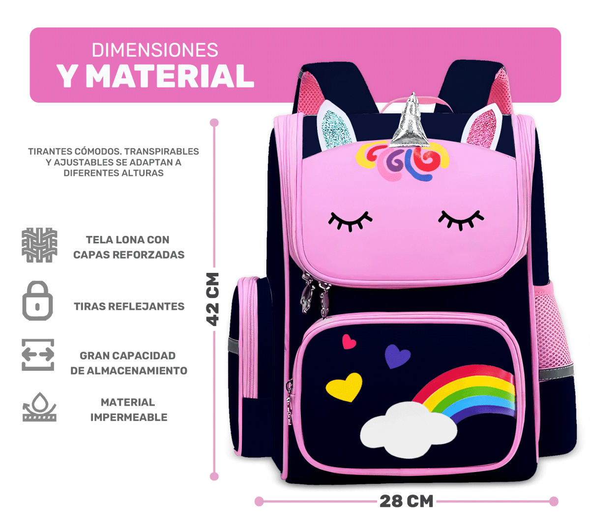 Mochila Escolar Unicornio Para Niñas Niños Con Bolsillos Laterales - ONDASHOPMX