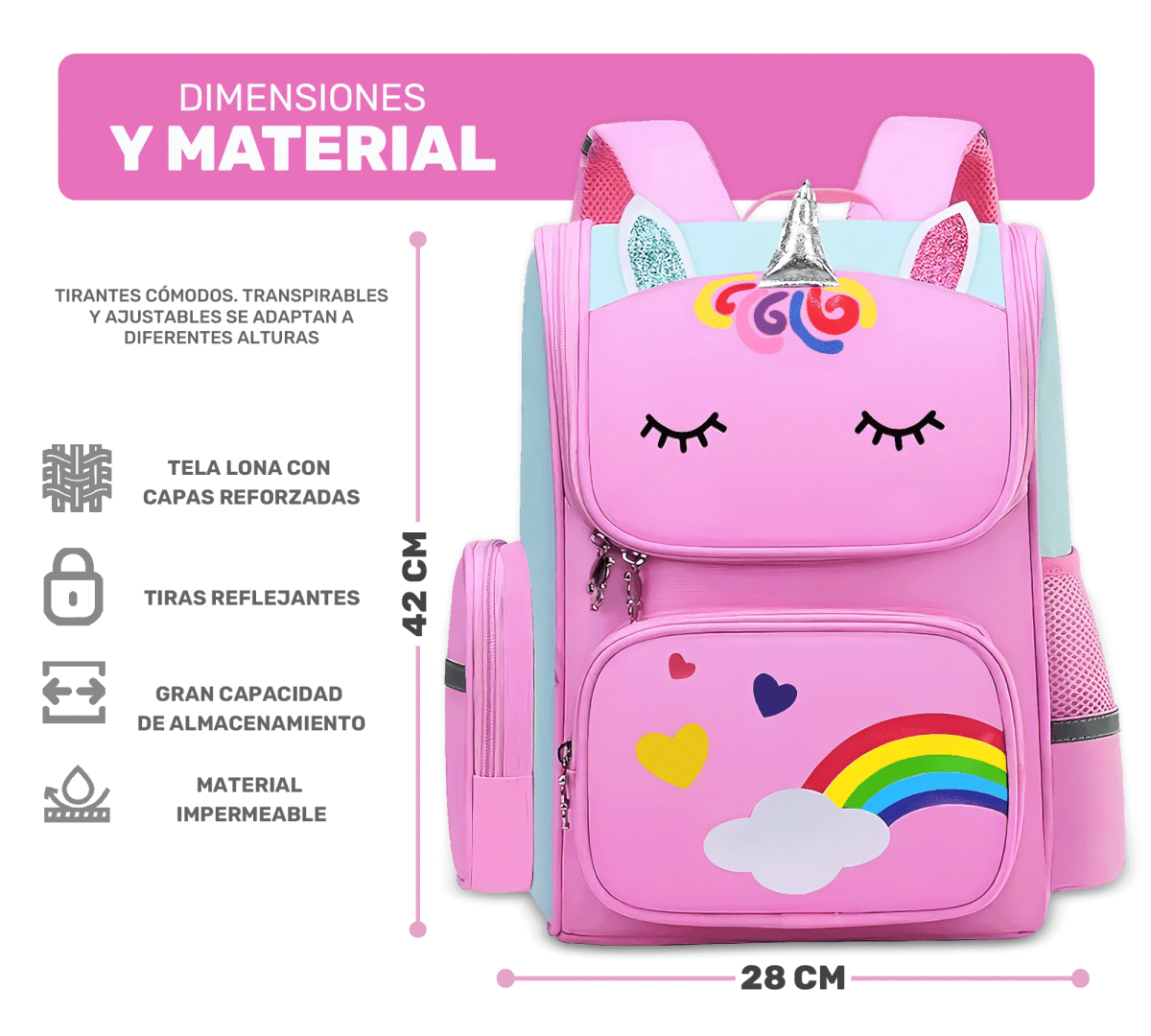 Mochila Escolar Unicornio Para Niñas Niños Con Bolsillos Laterales - ONDASHOPMX