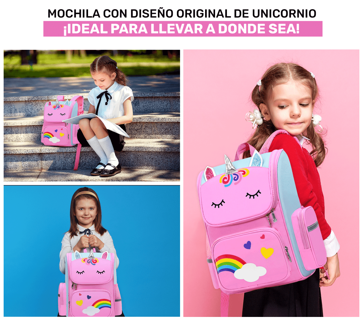 Mochila Escolar Unicornio Para Niñas Niños Con Bolsillos Laterales - ONDASHOPMX