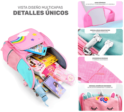 Mochila Escolar Unicornio Para Niñas Niños Con Bolsillos Laterales - ONDASHOPMX