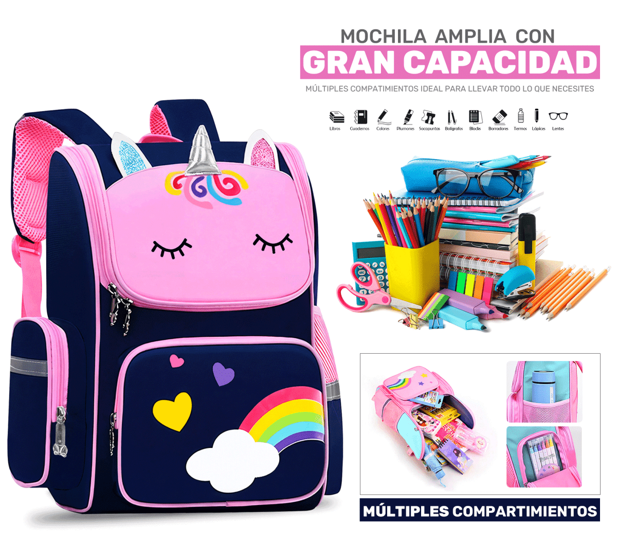 Mochila Escolar Unicornio Para Niñas Niños Con Bolsillos Laterales - ONDASHOPMX