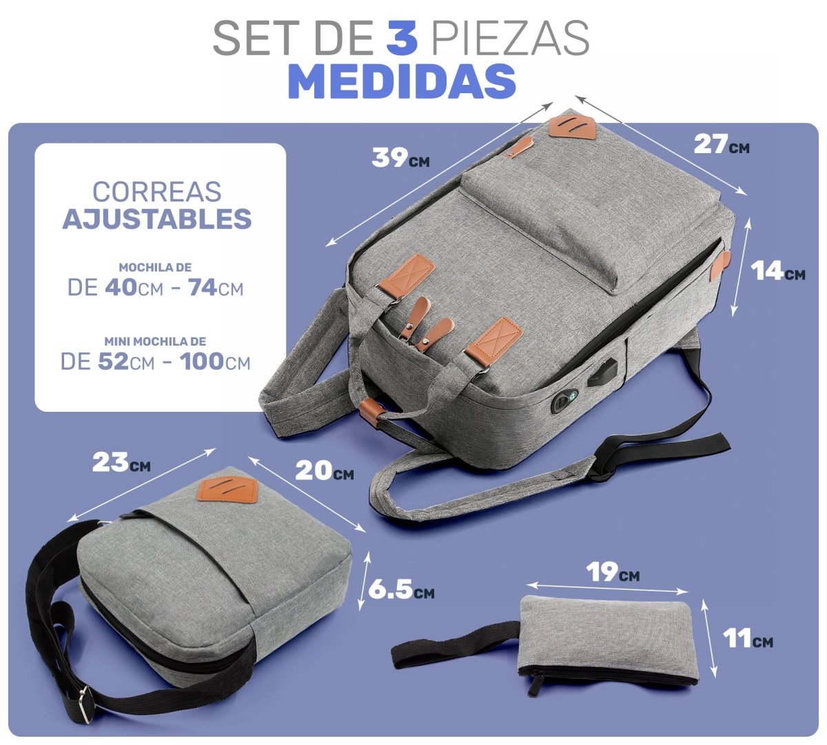 Mochila Multifuncional Con Cargador Usb 3 Piezas - ONDASHOPMX