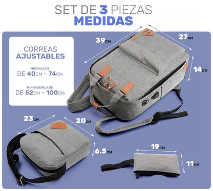 Mochila Multifuncional Con Cargador Usb 3 Piezas - ONDASHOPMX