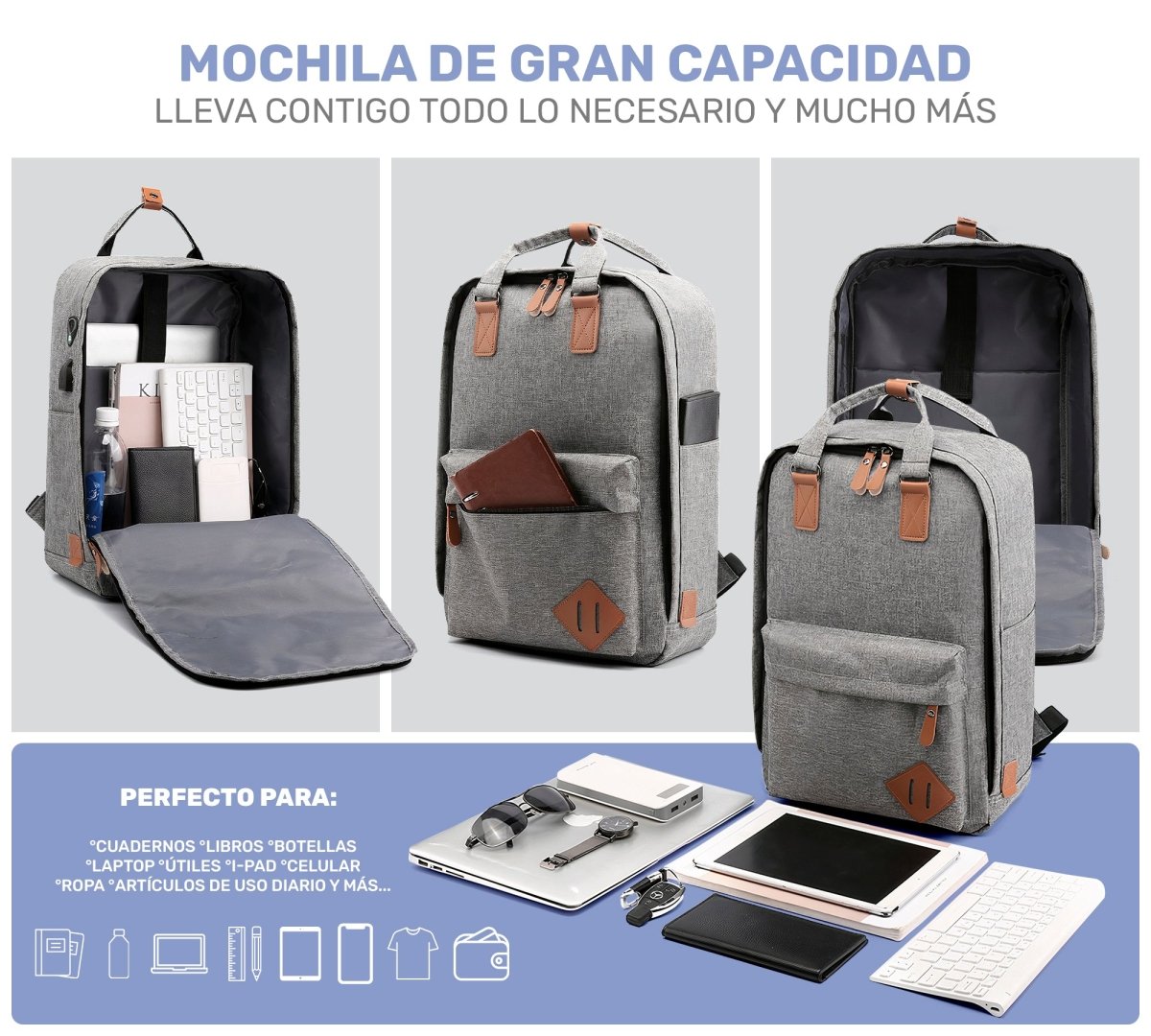 Mochila Multifuncional Con Cargador Usb 3 Piezas - ONDASHOPMX