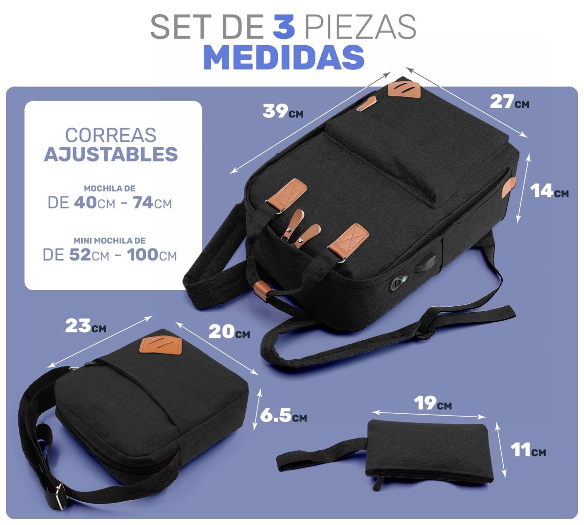 Mochila Multifuncional Con Cargador Usb 3 Piezas - ONDASHOPMX