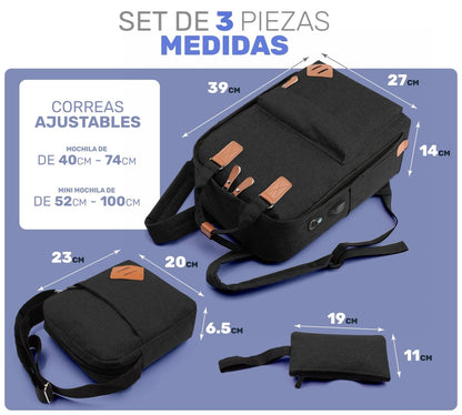 Mochila Multifuncional Con Cargador Usb 3 Piezas - ONDASHOPMX