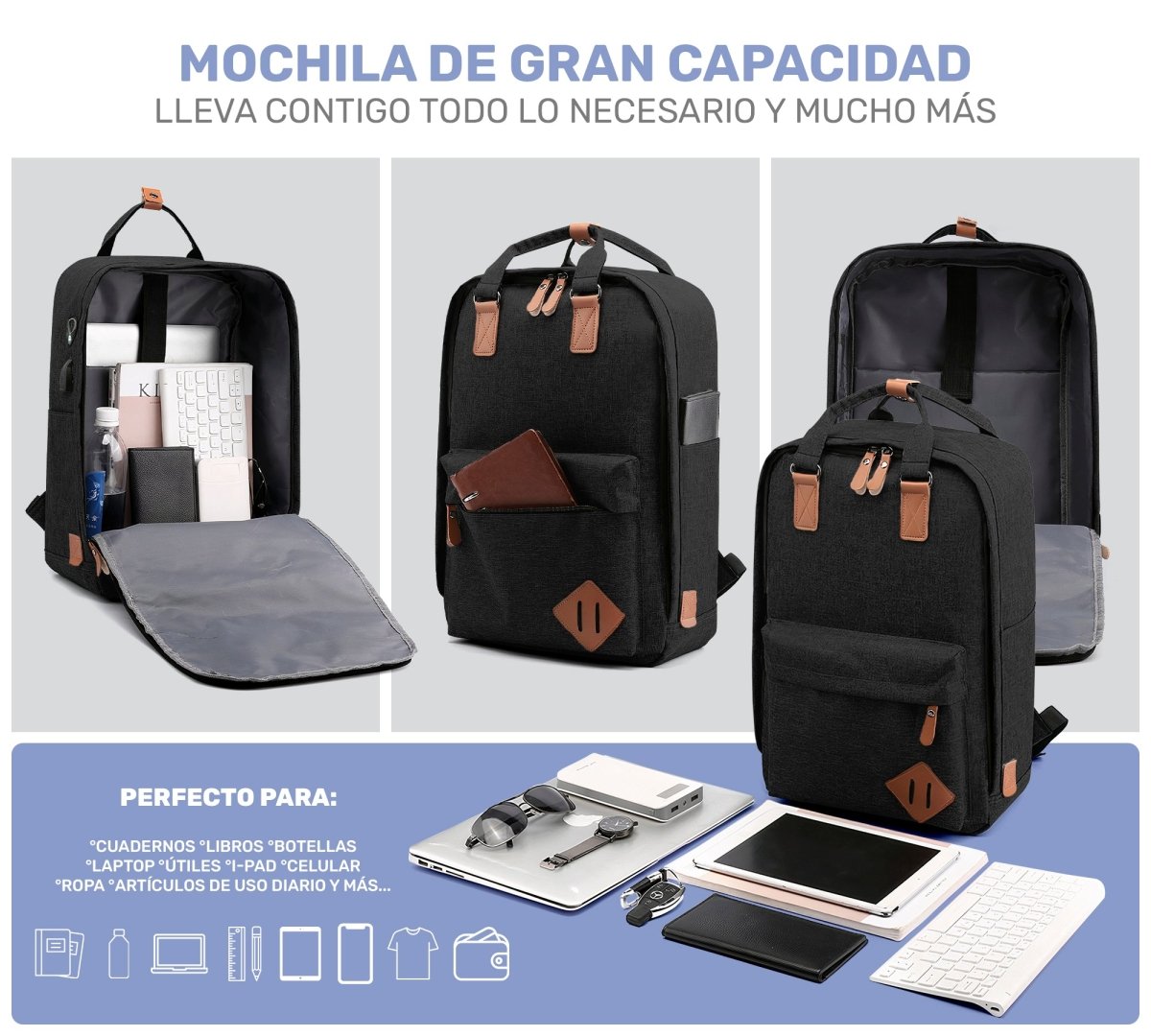 Mochila Multifuncional Con Cargador Usb 3 Piezas - ONDASHOPMX
